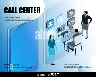 Flat isometric for web design. Business infographic. Office concept business people vector illustration flat design. Isometric illustration. Mobile Stock Vector