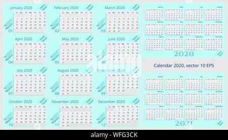 Calendar template for 2020 year on mint color background. Week Starts on Sunday. Set of 12 Months. Sunday is highlighted in red. Vector 10 EPS Stock Vector