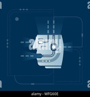 Artificial mind inside head processes information. Bot getting data and analyze. AI, machine learning, deep learning or data cycle design concept. Vec Stock Vector