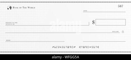 Blank bank cheque template. Check from checkbook. Stock Vector