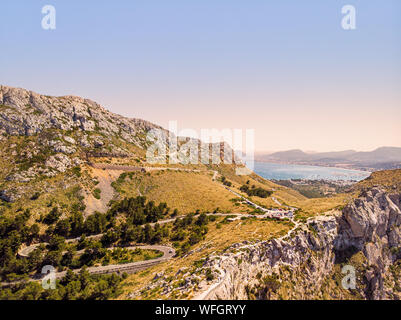 Aerial view of Mirador Es Colomer viewpoint, Cap De Formentor, Mallorca, Spain. Known as meeting point of the winds. Very popular tourist destination. Stock Photo