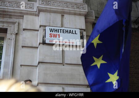 London, UK, 31st August, 2019. Protesters gather outside Downing Street to protest against the prorogation of Parliament by Prime Minister Boris Johnson, London, UK. Credit: Helen Garvey/Alamy Live News Stock Photo