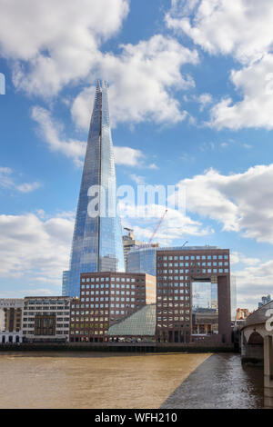 View by London Bridge looking south over the River Thames to the Shard and London Bridge Quarter on the South Bank in Southwark, London SE1 Stock Photo