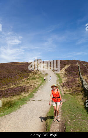 Men women children and families walking Offas Dyke footpath in the Clwydian Hills near the Jubliee Tower on the summit of Moel Famau  mountain Wales Stock Photo
