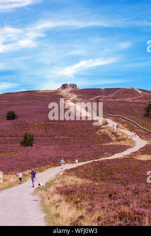 Men women children and families walking Offas Dyke footpath in the Clwydian Hills near the Jubliee Tower on the summit of Moel Famau  mountain Wales Stock Photo