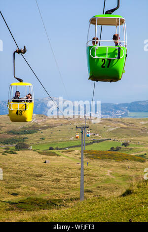 The colourful Llandudno Cable Car as it passes over the Great Orme