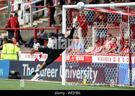 Griffin Park, London, England, UK. 31st Aug, 2019. Brentford Goalkeeper David Raya warms up during the EFL Sky Bet Championship match between Brentford and Derby County at Griffin Park, London, England on 31 August 2019. Photo by Ken Sparks. Editorial use only, license required for commercial use. No use in betting, games or a single club/league/player publications. Credit: UK Sports Pics Ltd/Alamy Live News Stock Photo