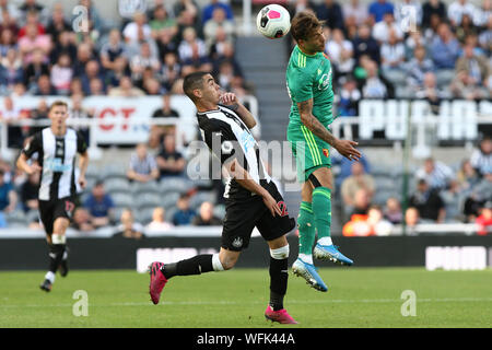 NEWCASTLE UPON TYNE, ENGLAND. AUG 31ST Newcastle United's Miguel Almiron competes for the ball with Watford's Kiko Fermenia during the Premier League match between Newcastle United and Watford at St. James's Park, Newcastle on Saturday 31st August 2019. (Credit: Steven Hadlow | MI News)Editorial use only, license required for commercial use. No use in betting, games or a single club/or magazine editorial purposes Credit: MI News & Sport /Alamy Live News