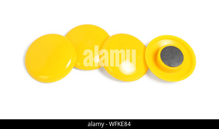 Whiteboard Yellow Magnets on White Background Stock Photo