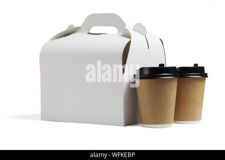 Two Coffee Cups and a Lunch Box on White Background Stock Photo