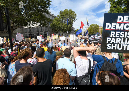 March in London to stop the shut down of Parliament on 31st August 2019. Taking place in front of Downing street down Whitehall, around 50,000 took part. Stock Photo