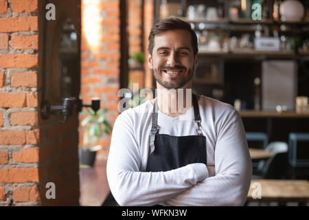 Hospitality staff. Barista handsome worker. Man cook wear apron. Mature  barista. Restaurant staff. Hipster professional barista apron uniform.  Waiter or bartender. Cafe bar barista job position Stock Photo by ©stetsik  420619006