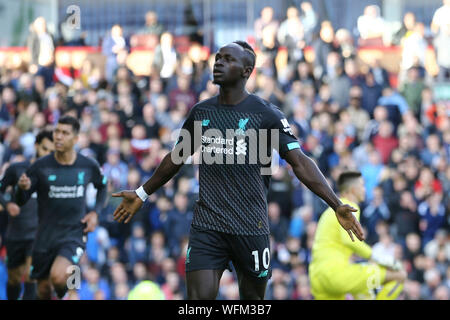 Burnley, UK. 31st Aug, 2019.  Sadio Mane of Liverpool celebrates after scoring his teams 2nd goal. Premier League match, Burnley v Liverpool at Turf Moor in Burnley, Lancashire on Saturday 31st August 2019. this image may only be used for Editorial purposes. Editorial use only, license required for commercial use. No use in betting, games or a single club/league/player publications. pic by Chris Stading/Andrew Orchard sports photography/Alamy Live news Credit: Andrew Orchard sports photography/Alamy Live News Credit: Andrew Orchard sports photography/Alamy Live News Stock Photo