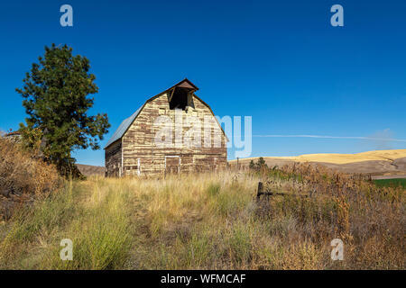 Washington, Palouse Region, Hwy 26, wooden barn, fall season, wheat fields after harvest Stock Photo