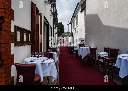 Restaurant at the street ready for guests. Dalkey, Dublin, Ireland.25 August 2019.  Seafood “Dalkey Lobster Festival” Stock Photo