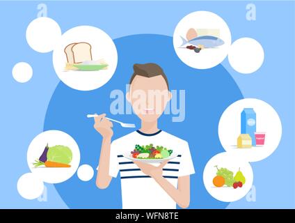 Young man eating healthy food, 5 food groups, organic. Vecter illustration cartoon character style concept of healthy lifestyle and proper nutrition. Stock Vector