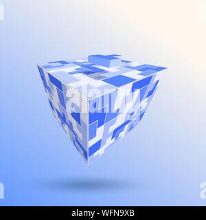 Blue and white  puzzle pieces, tetris, put together in cube shape, abstract background. Vector illustration perspective view. Stock Vector