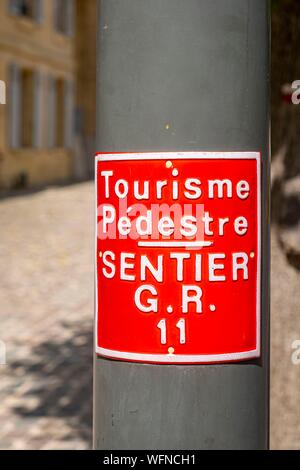 France, Oise, Chantilly, hiking trail sign 11 (GR 11), Footpath Stock Photo