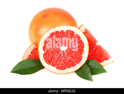 Grapefruit with half slice and leaves isolated on white background with clipping path. Grapefruit isolated, grapefruits. Stock Photo