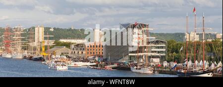 France, Seine Maritime, Rouen, Armada 2019, panoramic view on moored tall ships and on Metropole Rouen Normandy hedquarters by architect Jacques Ferrier Stock Photo