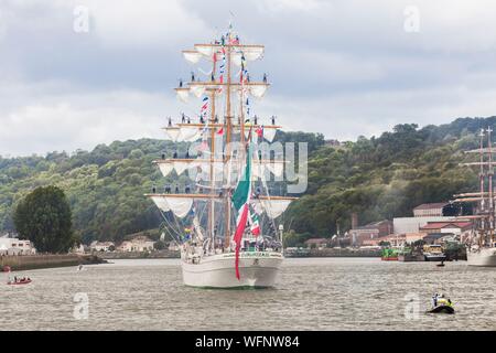 France, Seine Maritime, Rouen, Armada 2019, Grande Parade, Mexican sailors of the Cuauhtemoc parading in the yards while the tall ship sails away from Rouen Harbour Stock Photo