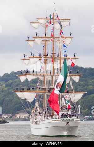 France, Seine Maritime, Rouen, Armada 2019, Grande Parade, Mexican sailors of the Cuauhtemoc parading in the yards while the tall ship sails away from Rouen Harbour Stock Photo