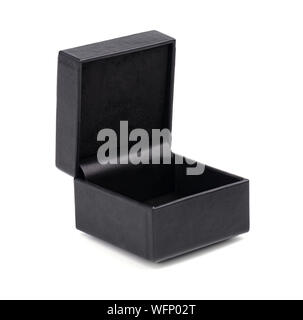 Black jewelry box isolated on white background. Black leather box. Open black gift box isolated on white background. Stock Photo