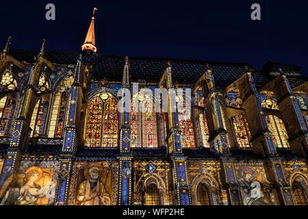 France, Eure et Loir, Chartres, Saint Pierre church illuminated during Chartres en Lumieres, nave, stained glass windows dated 13th and 14th centuries Stock Photo