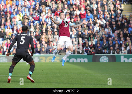 BURNLEY, ENGLAND AUG 31ST Ashley Barnes in action during the Premier League match between Burnley and Liverpool at Turf Moor, Burnley on Saturday 31st August 2019. (Credit: Luke Nickerson | MI News) Editorial use only, license required for commercial use. No use in betting, games or a single club/league/player publications. Photograph may only be used for newspaper and/or magazine editorial purposes Credit: MI News & Sport /Alamy Live News Stock Photo