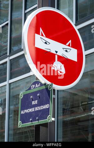 France, Paris, Alphonse Boudard street, diversion of traffic signs by the French artist Clet Abraham Stock Photo