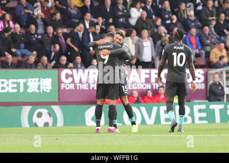 BURNLEY, ENGLAND AUG 31ST Roberto Firmino celebrates scoring Liverpool's third during the Premier League match between Burnley and Liverpool at Turf Moor, Burnley on Saturday 31st August 2019. (Credit: Luke Nickerson | MI News) Editorial use only, license required for commercial use. No use in betting, games or a single club/league/player publications. Photograph may only be used for newspaper and/or magazine editorial purposes Credit: MI News & Sport /Alamy Live News Stock Photo