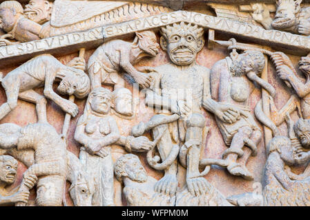 France, Aveyron, Conques, labeled the Most Beautiful Villages of France, Romanesque Abbey of Saint Foy from 11th Century, listed as World Heritage by UNESCO, Tympanum of The Last Judgement Stock Photo