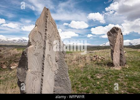 Armenia, Syunik region, Sisian, prehistoric archaeological site of Zorats Karer (or Karahunj), the Centre is an instatllation by the Armenian artist Ashot Avagyan Stock Photo