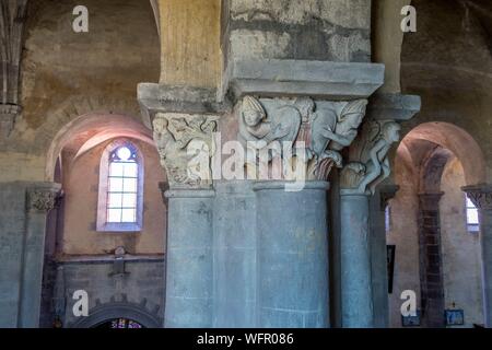 France, Puy de Dome, Mozac, Saint Pierre and Saint Caprais church, romanesque capitals Stock Photo