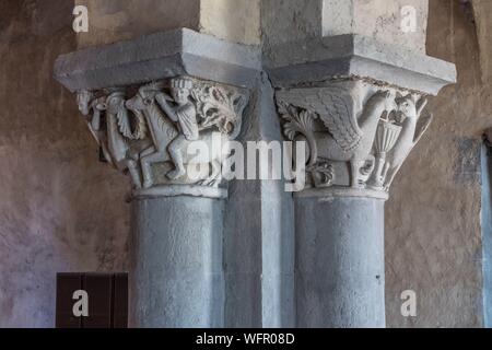 France, Puy de Dome, Mozac, Saint Pierre and Saint Caprais church, romanesque capitals Stock Photo