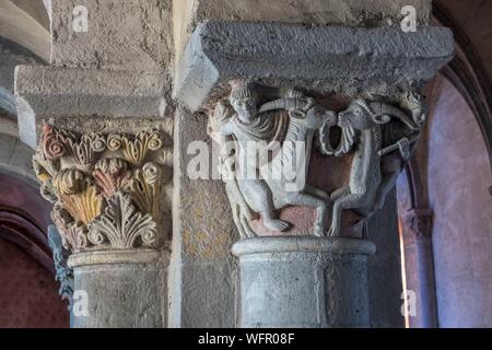 France, Puy de Dome, Mozac, Saint Pierre and Saint Caprais church, romanesque capitals Stock Photo