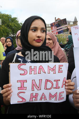 Manchester, UK. 31st August, 2019. Hundreds of Kashmir protesters gather in Piccadilly Gardens in Manchester calling for Kashmir freedom. Kashmir is a Himalayan territory which both India and Pakistan say is fully theirs. Each country controls part of the territory.Article 370 of the Indian constitution was removed from the country's only Muslim-majority state and since then hundreds of people have been detained.  With the internet in the country down families in the UK have not been able to find news of their families.  Piccadilly Gardens, Manchester, UK. Credit: Barbara Cook/Alamy Live News Stock Photo