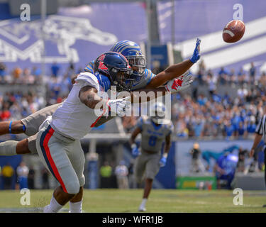 Memphis, USA. 31st Aug, 2019. August 31, 2019: Ole' Miss wide receiver, Jonathan Mingo (1), dives for the ball as Memphis corner back, TJ Carter (2), dives to block the throw, during the NCAA football game between the Ole' Miss Rebels and the Memphis Tigers at Liberty Bowl Stadium in Memphis, TN. Credit: Cal Sport Media/Alamy Live News Stock Photo