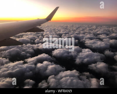 Looking out of the window of a passenger aircraft in flight at hight altitude above fluffy cirrocumulus clouds in the early morning twilight. Stock Photo