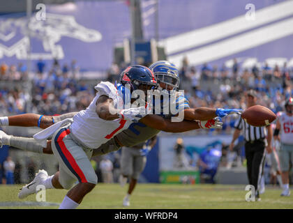 Memphis, USA. 31st Aug, 2019. August 31, 2019: Ole' Miss wide receiver, Jonathan Mingo (1), dives for the ball as Memphis corner back, TJ Carter (2), dives to block the throw, during the NCAA football game between the Ole' Miss Rebels and the Memphis Tigers at Liberty Bowl Stadium in Memphis, TN. Credit: Cal Sport Media/Alamy Live News Stock Photo