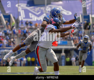 Memphis, USA. 31st Aug, 2019. August 31, 2019: Ole' Miss wide receiver, Jonathan Mingo (1), dives for the ball as Memphis corner back, TJ Carter (2), dives to block the throw, during the NCAA football game between the Ole' Miss Rebels and the Memphis Tigers at Liberty Bowl Stadium in Memphis, TN. Credit: Cal Sport Media/Alamy Live News Stock Photo