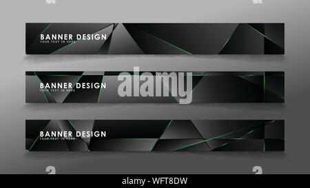 square banner vector collection . Black premium background with luxury dark polygonal pattern and green triangle lines Stock Vector