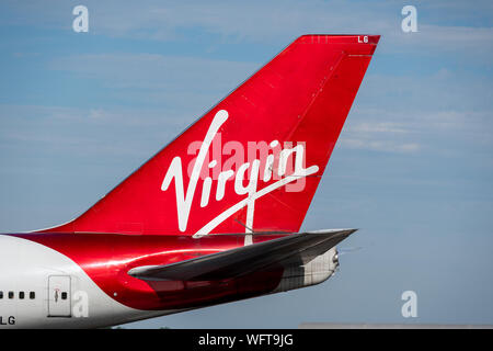 MANCHESTER, UNITED KINGDOM - AUGUST 24, 2019: Virgin Atlantic Boeing 747 tail livery Stock Photo