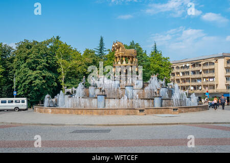 Kutaisi, Georgia - 21.08.2019: View to Colchis Fountain and Meskhishvili Theatre in the centre of Kutaisi. Travel. Stock Photo