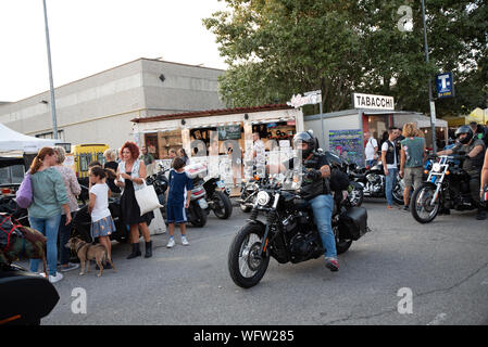 Bergamo, Italy - August 24, 2019: Annual motorcycle party named FESTA BIKERS, gathering with various kinds of shows and exhibition of motorcycles of v Stock Photo