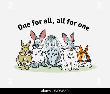 Brave group rabbits hare and sign poster. Color vector illustration EPS8 Stock Vector