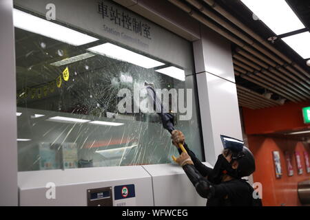 Hong Kong, China. 31st Aug, 2019. 31st August 2019. Hong Kong Anti Extradition Bill protests. After a day of many violent clashes with police. Some pro government supporters attacked a member of press on a MTR train with many pro democracy protesters who fought back. Credit: David Coulson/Alamy Live News