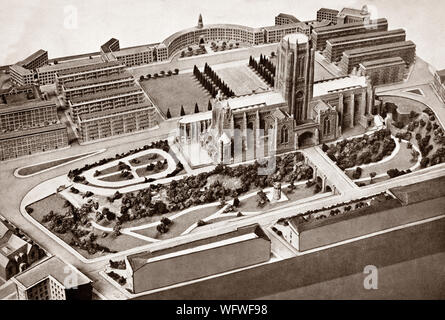 The original plans for the Anglican Liverpool Cathedral, the largest cathedral and religious building in Britain, built on St James's Mount in Liverpool.  Based on a design by 22-year-old Giles Gilbert Scott, who was still an articled pupil and had no existing buildings to his credit, it was constructed between 1904 and 1978, however the bridge over the cemetery was never built and the east doorway is now an outdoor cafe.  The total external length of the building,  is 207 yards (189 m) making it the longest cathedral in the world. It's full name is the Cathedral Church of Christ in Liverpool. Stock Photo