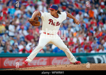 Philadelphia, USA. 31st Aug, 2019. August 31, 2019: Philadelphia Phillies starting pitcher Jason Vargas (44) throws a pitch during the MLB game between the New York Mets and Philadelphia Phillies at Citizens Bank Park in Philadelphia, Pennsylvania. Credit: Cal Sport Media/Alamy Live News Stock Photo