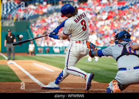 Philadelphia, USA. 31st Aug, 2019. August 31, 2019: Philadelphia Phillies right fielder Bryce Harper (3) in action during the MLB game between the New York Mets and Philadelphia Phillies at Citizens Bank Park in Philadelphia, Pennsylvania. Credit: Cal Sport Media/Alamy Live News Stock Photo